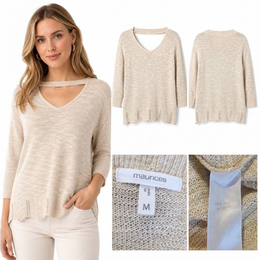 Maurices M Beige Cutout Front Sweater Lightweight Knit